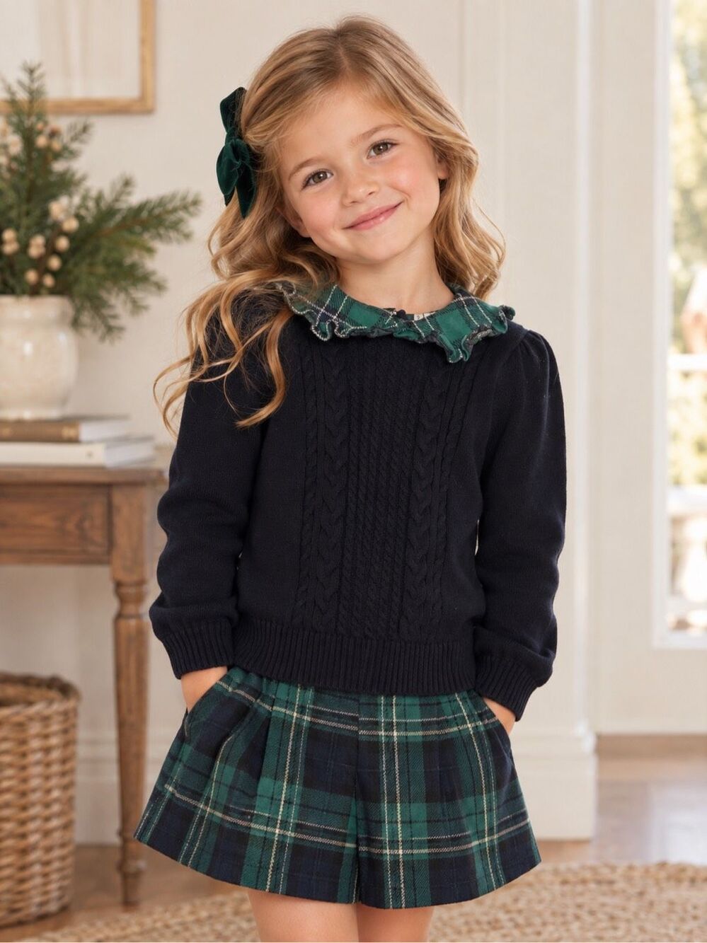Janie and Jack Navy Cable Knit Sweater Green Plaid Ruffle Collar Girls Size 10